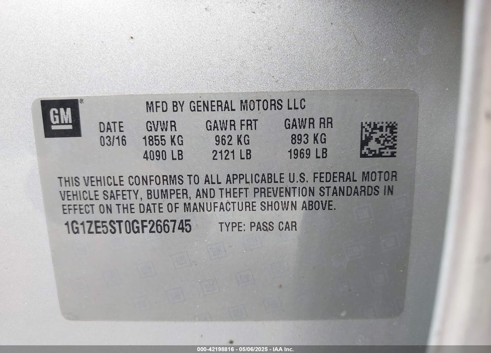 2016 CHEVROLET MALIBU 1LT VIN: 1G1ZE5ST0GF266745