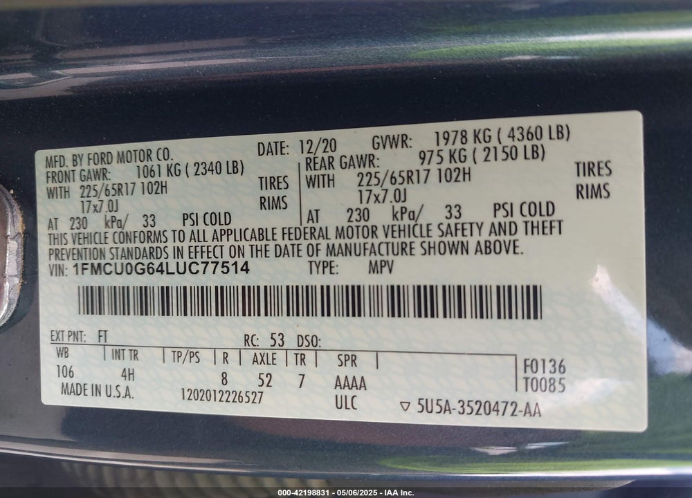 2020 FORD ESCAPE VIN: 1FMCU0G64LUC77514