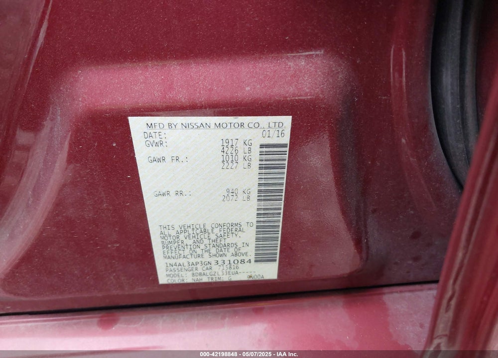 2016 NISSAN ALTIMA VIN: 1N4AL3AP3GN331084