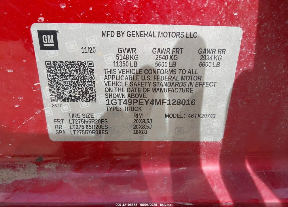 2021 GMC SIERRA 2500HD 4WD STANDARD BED AT4 VIN: 1GT49PEY4MF128016