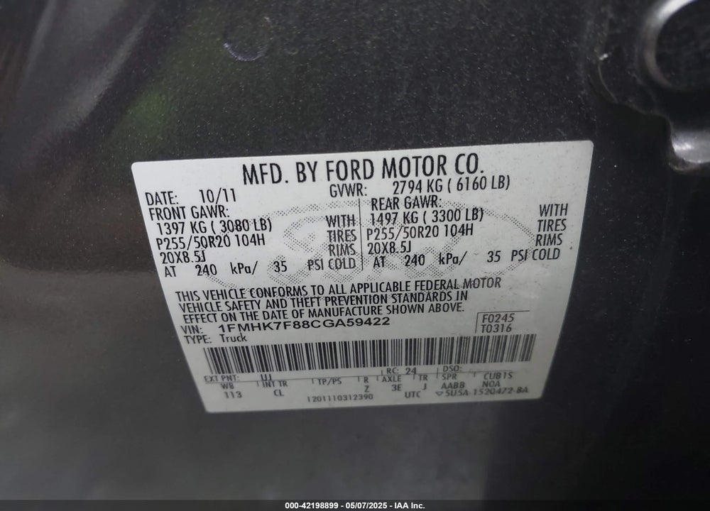 2012 FORD EXPLORER VIN: 1FMHK7F88CGA59422