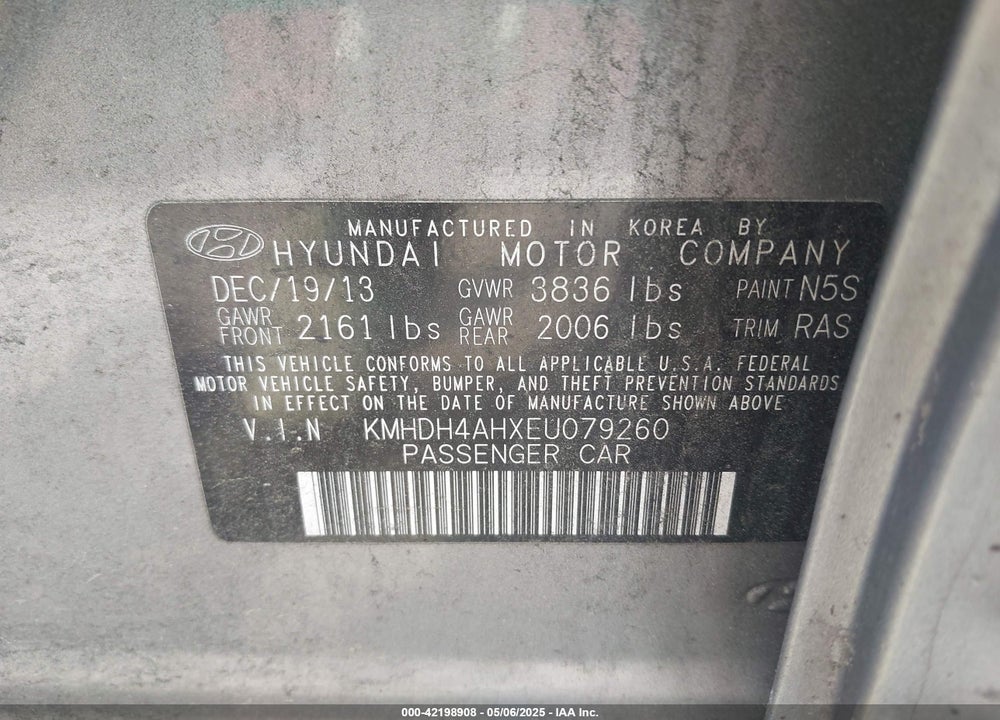 2014 HYUNDAI ELANTRA VIN: KMHDH4AHXEU079260