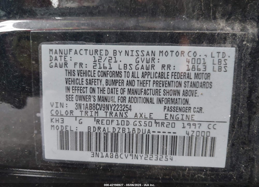 2022 NISSAN SENTRA SV XTRONIC CVT VIN: 3N1AB8CV9NY223254