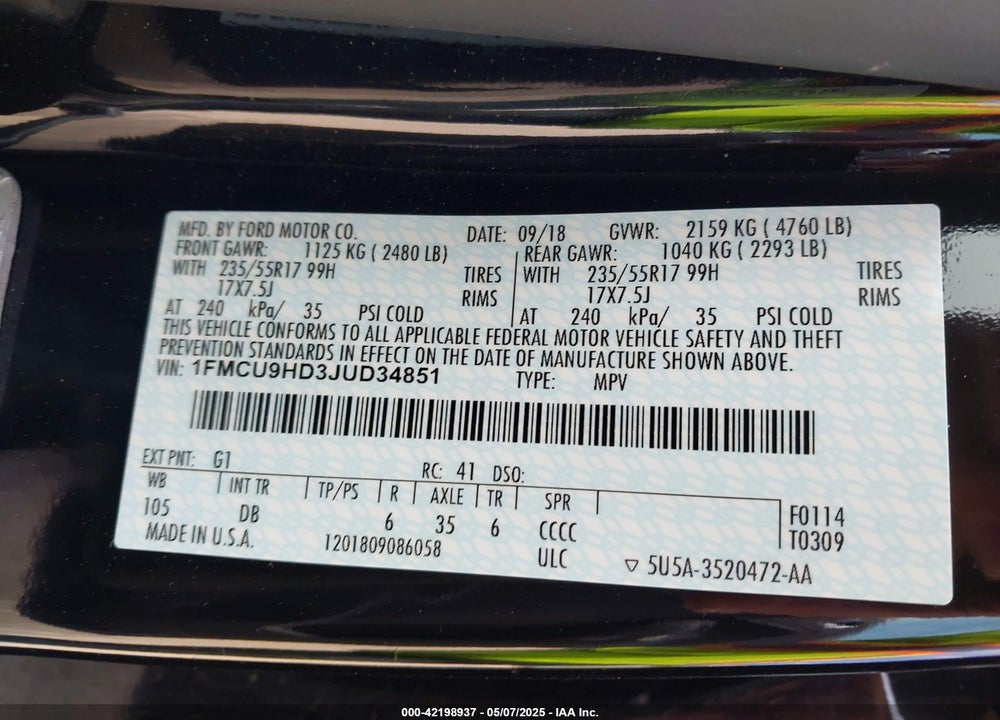 2018 FORD ESCAPE SEL VIN: 1FMCU9HD3JUD34851