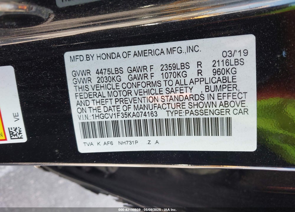 2019 HONDA ACCORD VIN: 1HGCV1F35KA074163