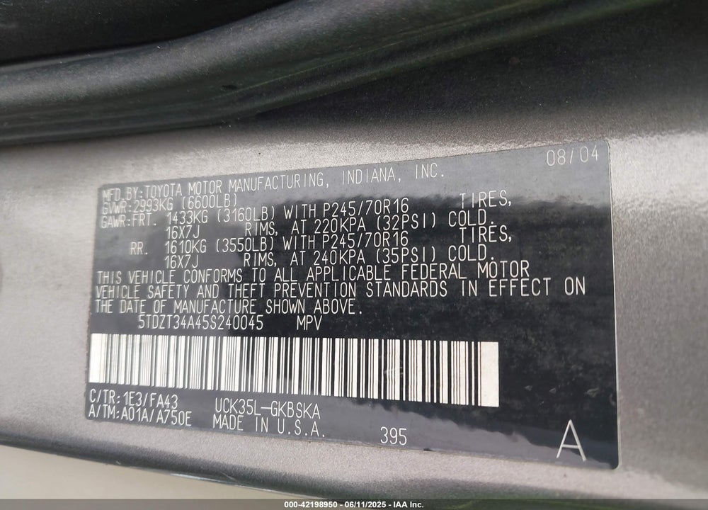 2005 TOYOTA SEQUOIA SR5 V8 VIN: 5TDZT34A45S240045