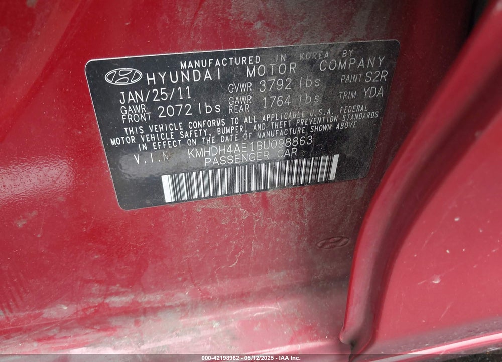 2011 HYUNDAI ELANTRA VIN: KMHDH4AE1BU098863