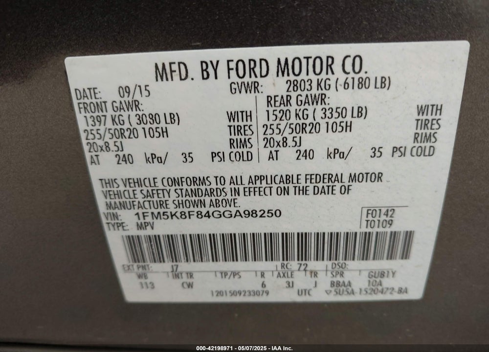 2016 FORD EXPLORER LIMITED VIN: 1FM5K8F84GGA98250
