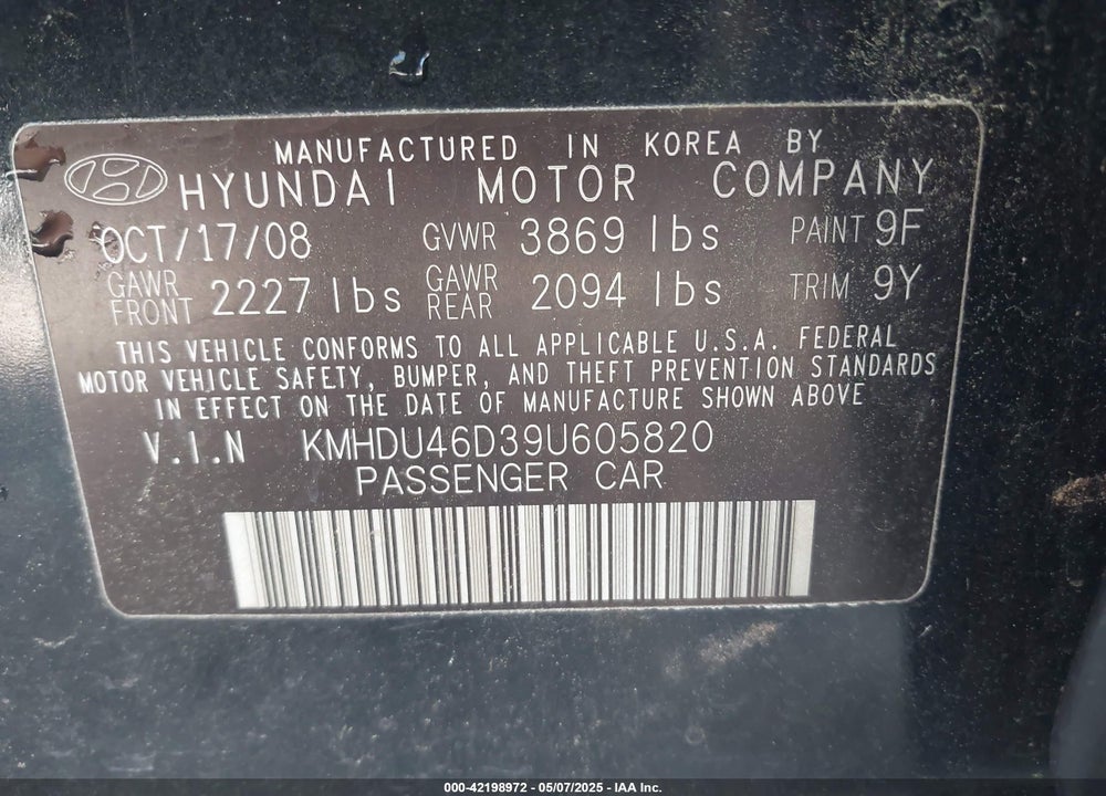 2009 HYUNDAI ELANTRA VIN: KMHDU46D39U605820