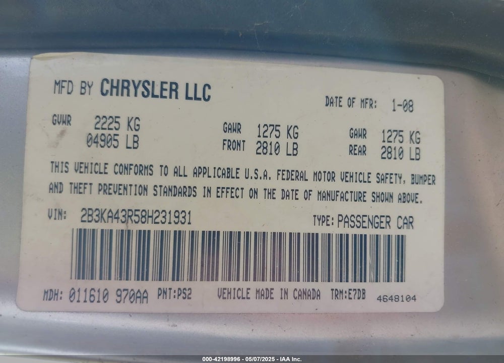 2008 DODGE CHARGER VIN: 2B3KA43R58H231931