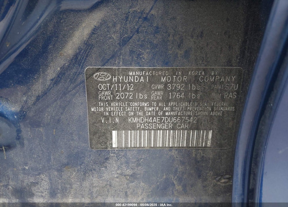 2013 HYUNDAI ELANTRA VIN: KMHDH4AE7DU667542