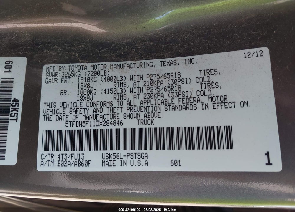 2013 TOYOTA TUNDRA GRADE 5.7L V8 VIN: 5TFDW5F11DX284846
