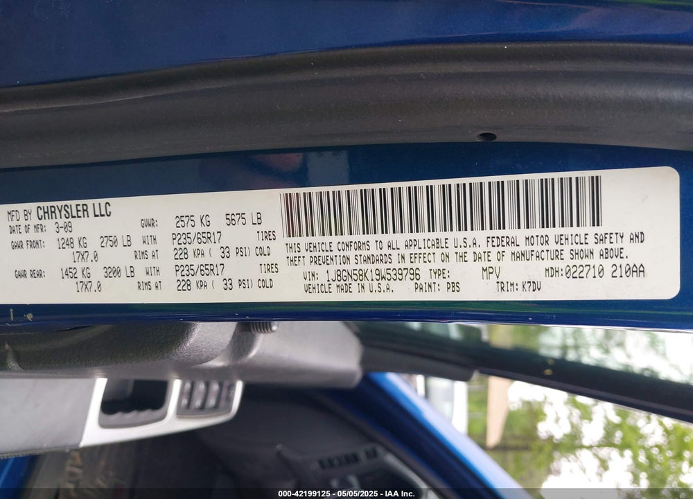 2009 JEEP LIBERTY VIN: 1J8GN58K19W539796