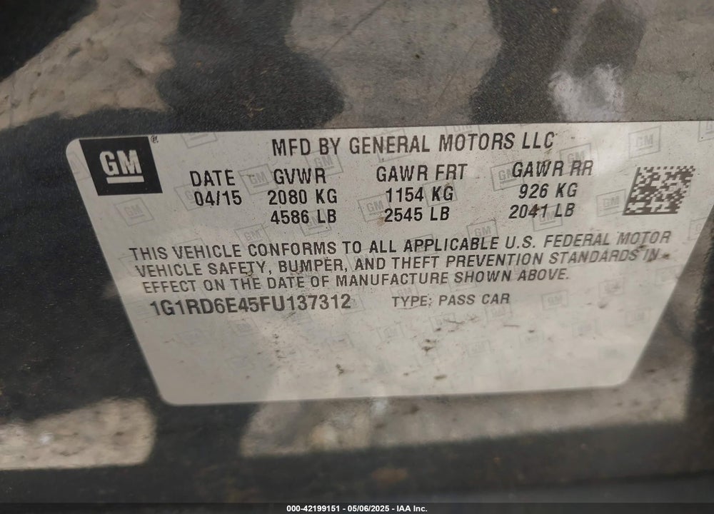 2015 CHEVROLET VOLT VIN: 1G1RD6E45FU137312