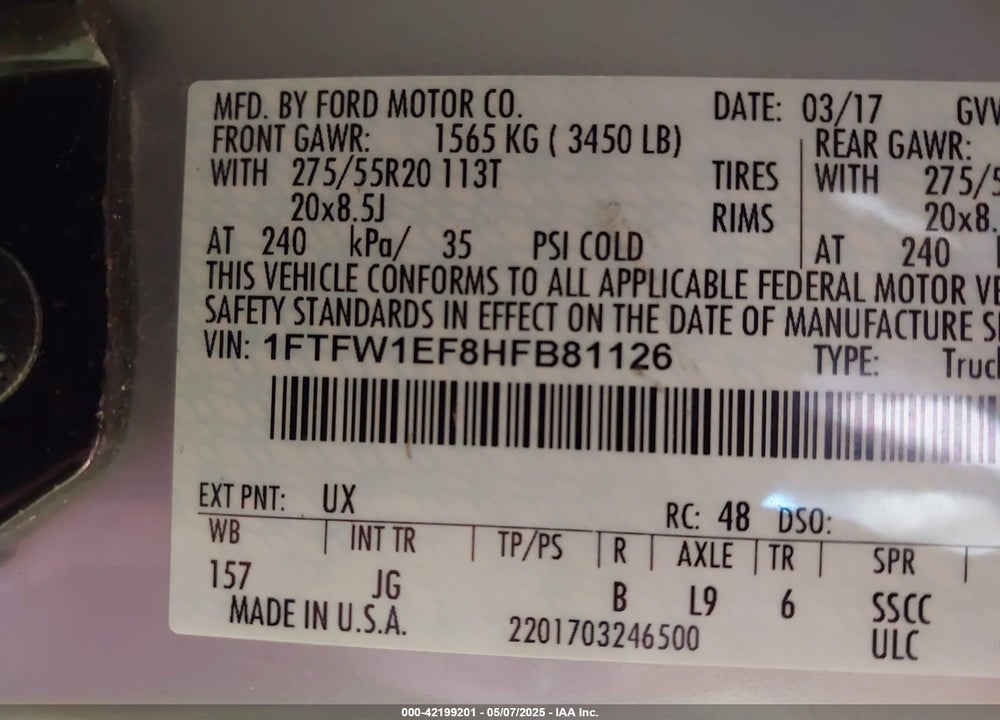 2017 FORD F150 VIN: 1FTFW1EF8HFB81126
