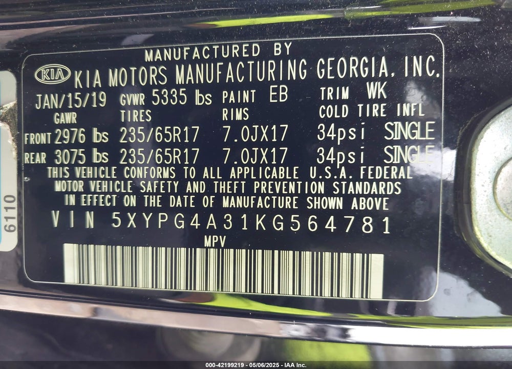 2019 KIA SORENTO 2.4L LX VIN: 5XYPG4A31KG564781