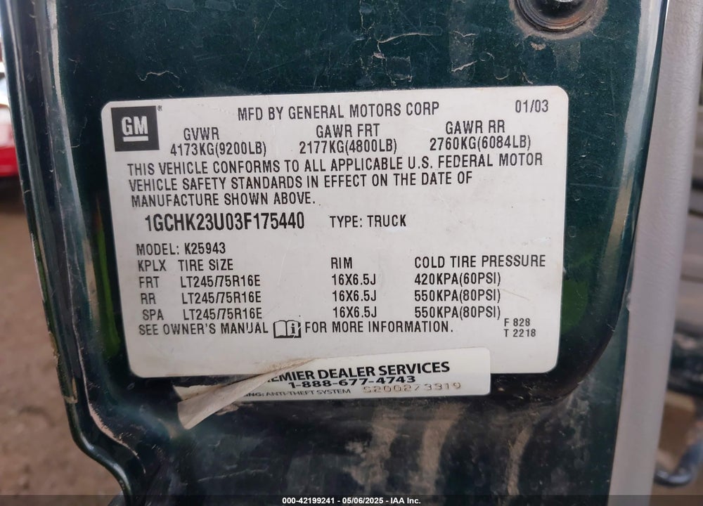 2003 CHEVROLET SILVERADO 2500HD LT VIN: 1GCHK23U03F175440