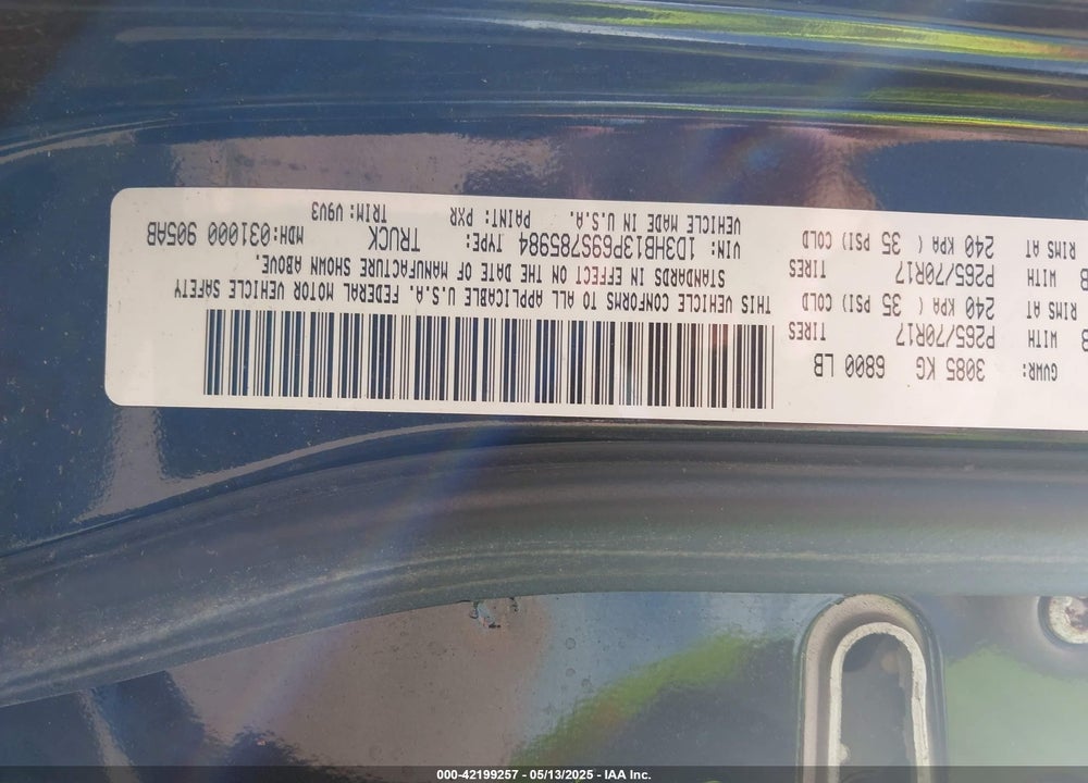 2009 DODGE RAM 1500 VIN: 1D3HB13P69S785984