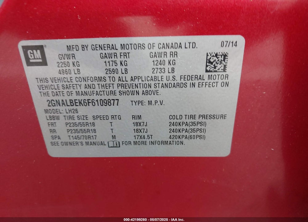 2015 CHEVROLET EQUINOX VIN: 2GNALBEK6F6109877