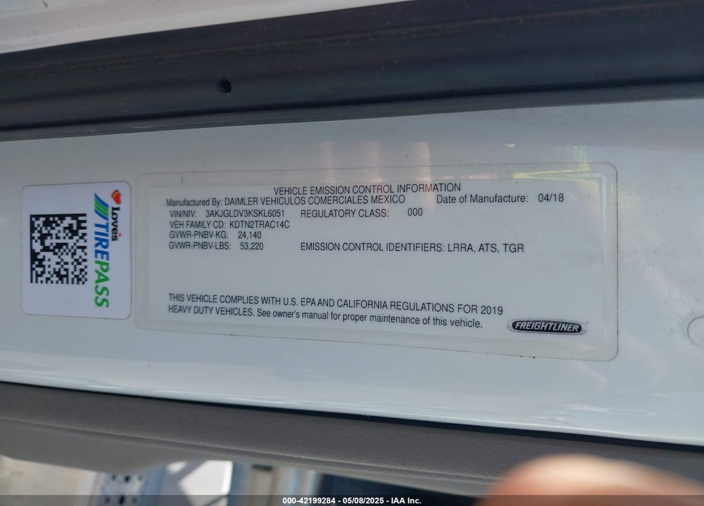 2019 FREIGHTLINER CASCADIA 125 VIN: 3AKJGLDV3KSKL6051