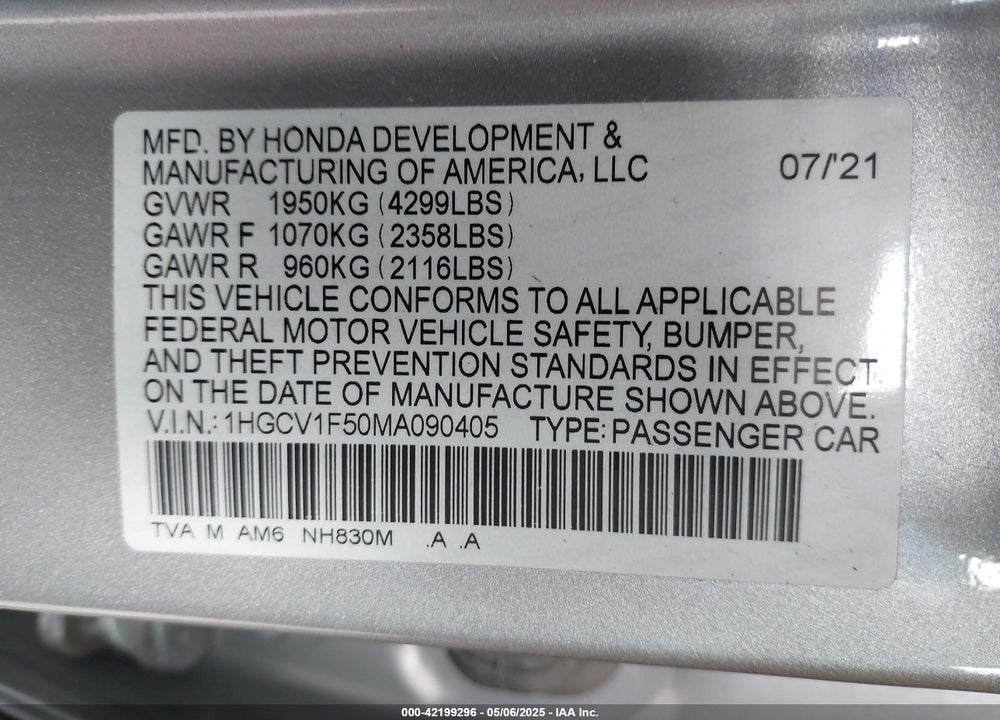 2021 HONDA ACCORD EX-L VIN: 1HGCV1F50MA090405