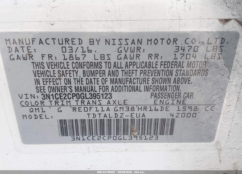 2016 NISSAN VERSA NOTE VIN: 3N1CE2CP0GL395123