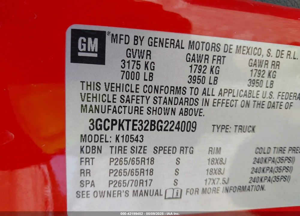 2011 CHEVROLET SILVERADO 1500 LTZ VIN: 3GCPKTE32BG224009