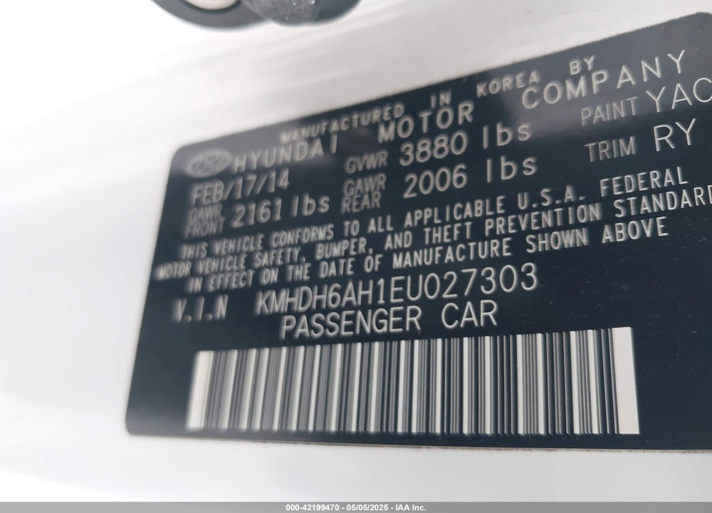 2014 HYUNDAI ELANTRA VIN: KMHDH6AH1EU027303