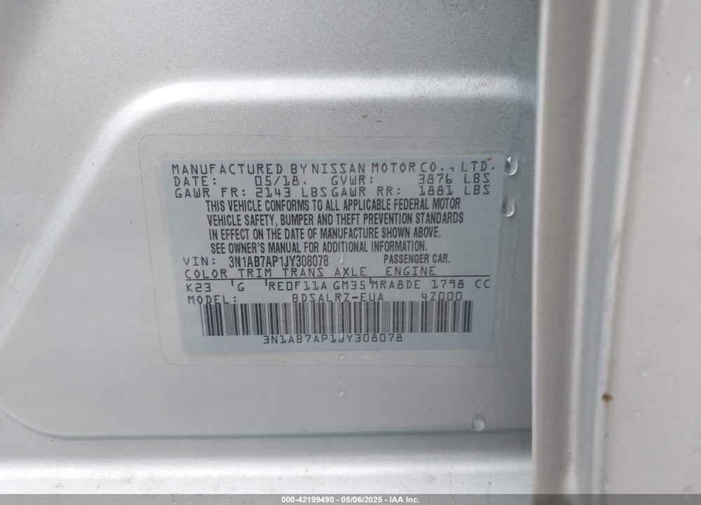 2018 NISSAN SENTRA SR VIN: 3N1AB7AP1JY308078