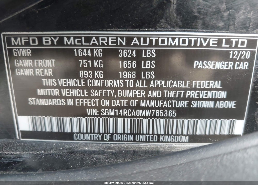 2021 MCLAREN 765LT COUPE VIN: SBM14RCA0MW765365
