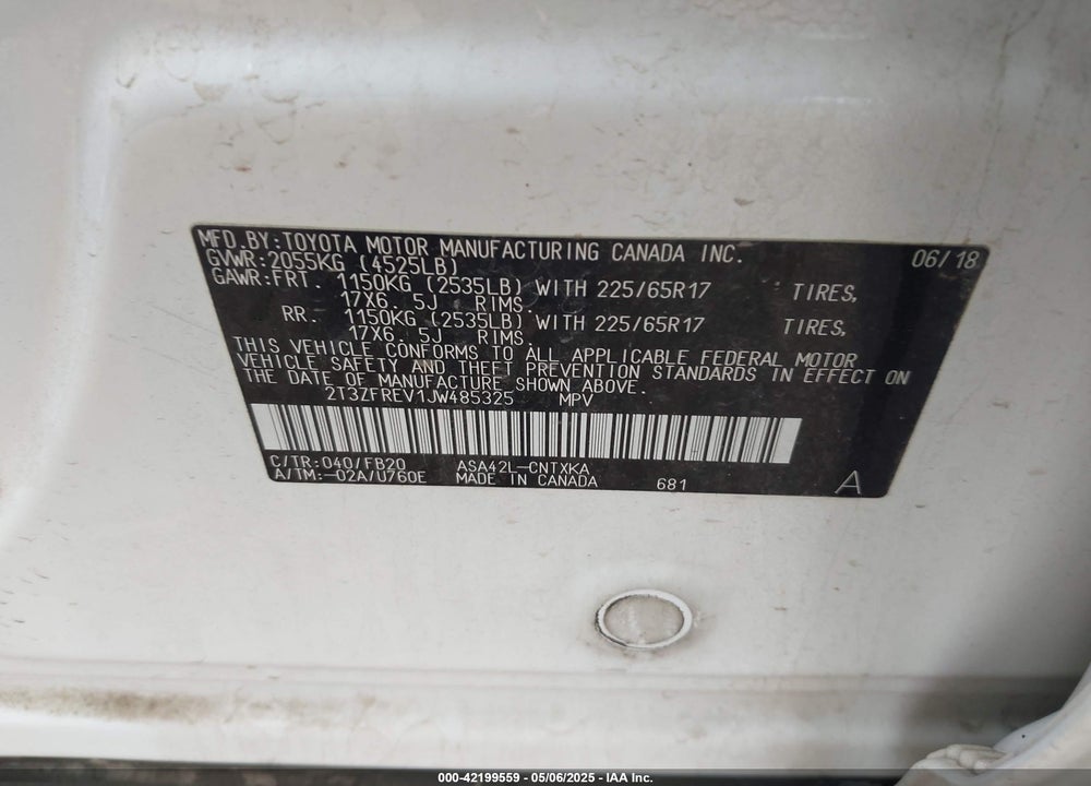 2018 TOYOTA RAV4 LE VIN: 2T3ZFREV1JW485325