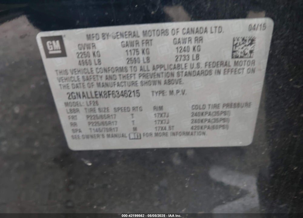 2015 CHEVROLET EQUINOX VIN: 2GNALLEK8F6346215