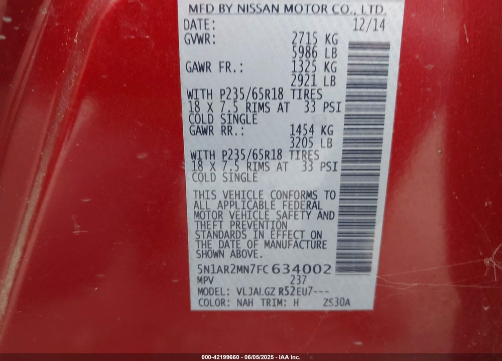 2015 NISSAN PATHFINDER SL VIN: 5N1AR2MN7FC634002