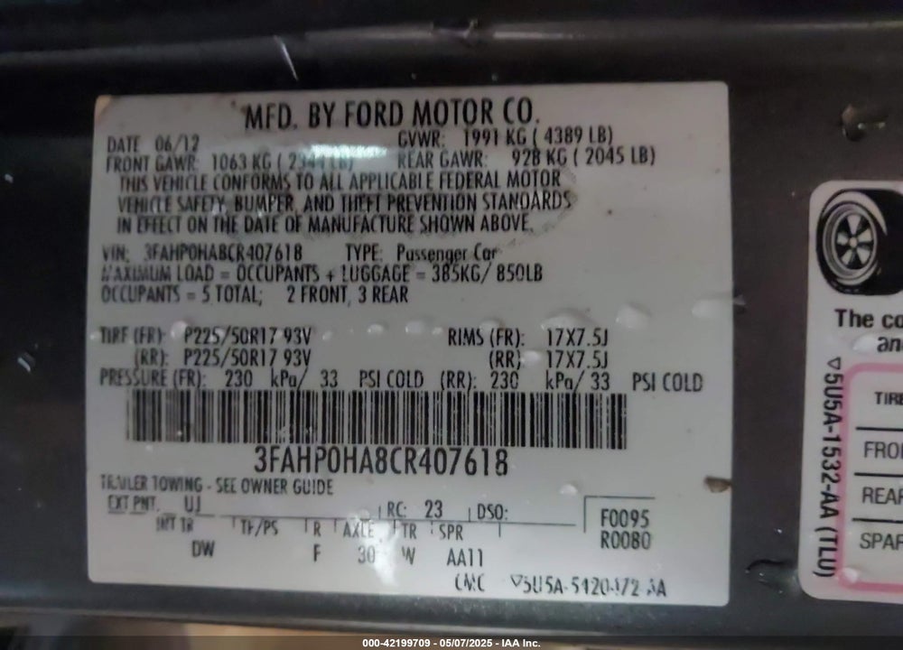 2012 FORD FUSION VIN: 3FAHP0HA8CR407618
