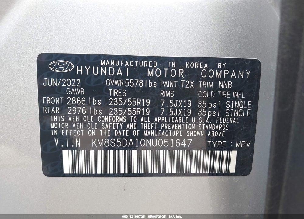 2022 HYUNDAI SANTA FE HYBRID LIMITED VIN: KM8S5DA10NU051647