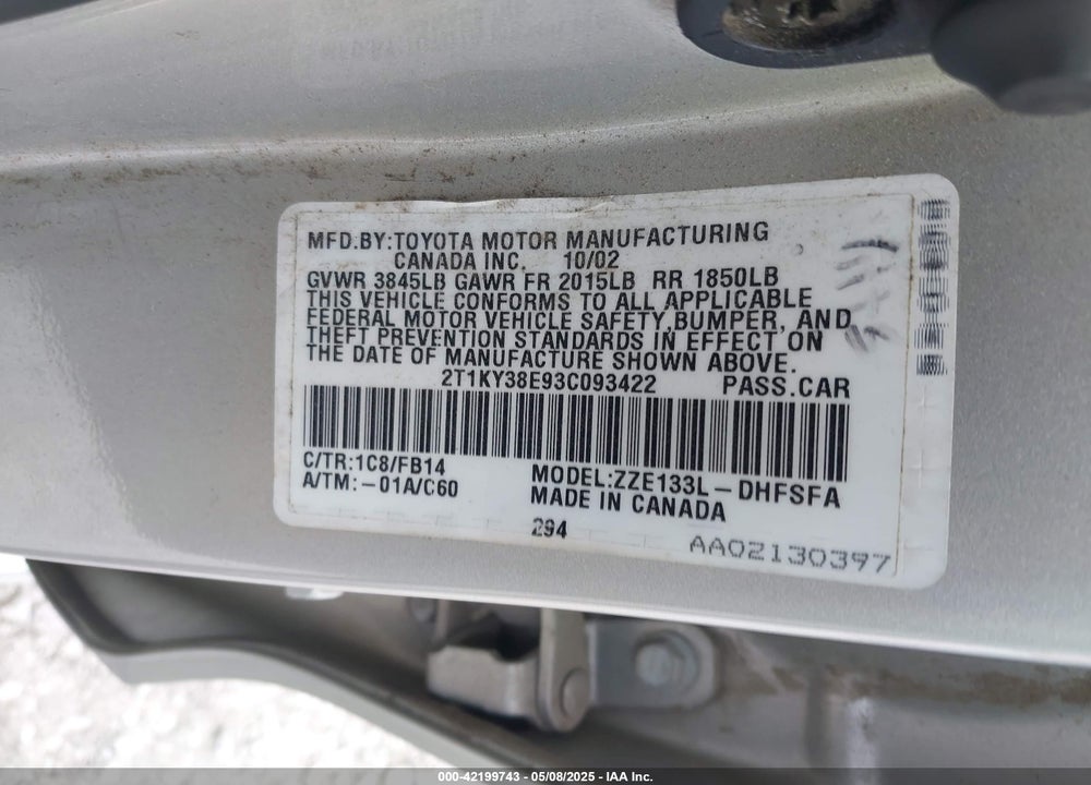 2003 TOYOTA MATRIX XRS VIN: 2T1KY38E93C093422