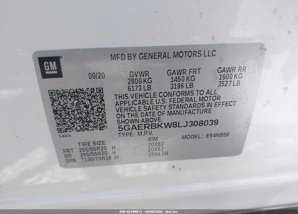 2020 BUICK ENCLAVE VIN: 5GAERBKW8LJ308039