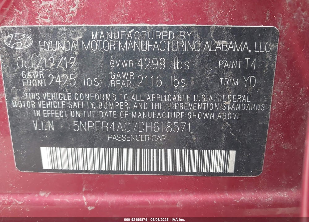 2013 HYUNDAI SONATA GLS VIN: 5NPEB4AC7DH618571