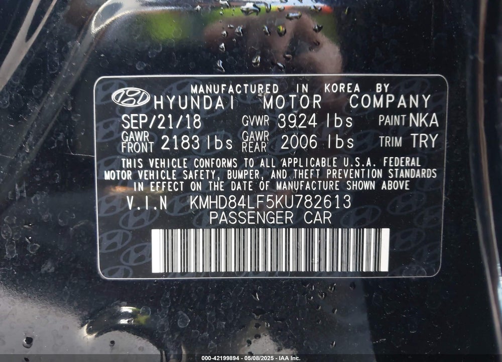 2019 HYUNDAI ELANTRA VIN: KMHD84LF5KU782613