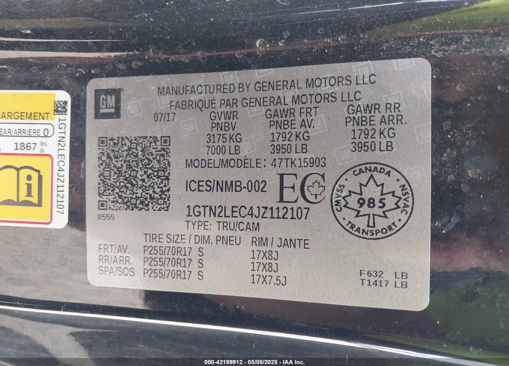 2018 GMC SIERRA 1500 VIN: 1GTN2LEC4JZ112107