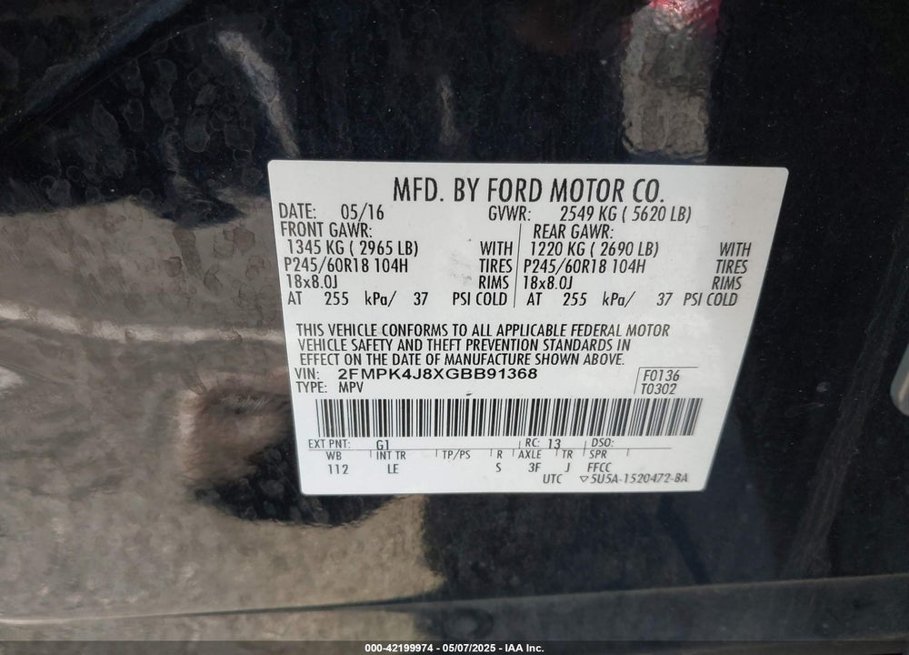 2016 FORD EDGE SEL VIN: 2FMPK4J8XGBB91368
