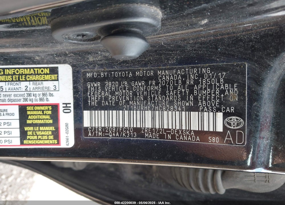 2017 TOYOTA COROLLA SE VIN: 2T1BURHE7HC828341