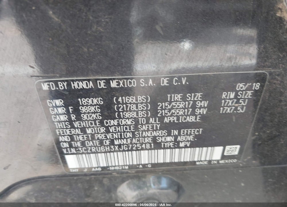 2018 HONDA HR-V VIN: 3CZRU6H3XJG725481
