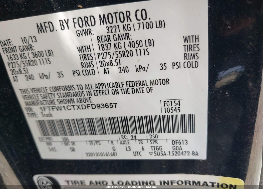 2013 FORD F-150 FX2 VIN: 1FTFW1CTXDFD93657