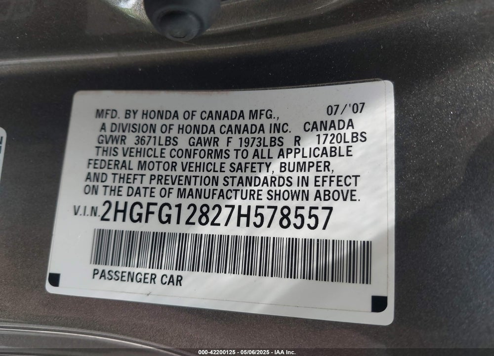 2007 HONDA CIVIC EX VIN: 2HGFG12827H578557