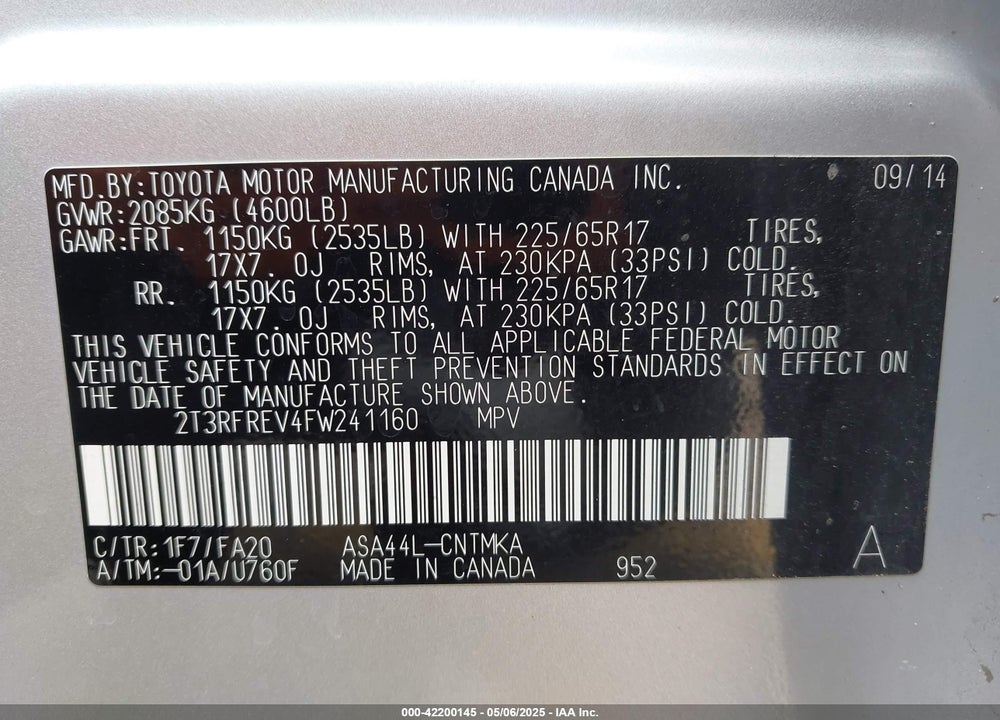 2015 TOYOTA RAV4 VIN: 2T3RFREV4FW241160