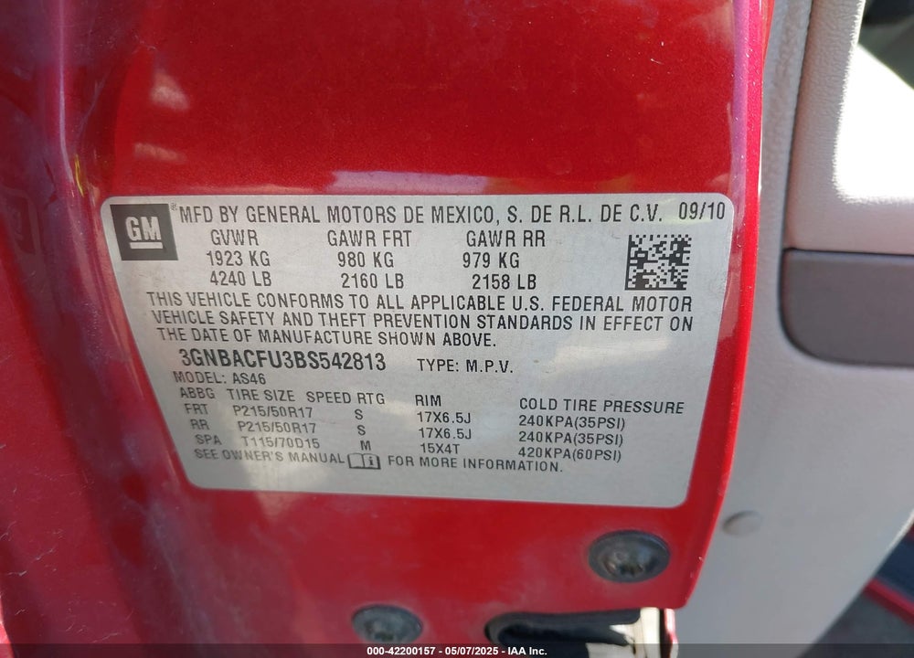 2011 CHEVROLET HHR VIN: 3GNBACFU3BS542813