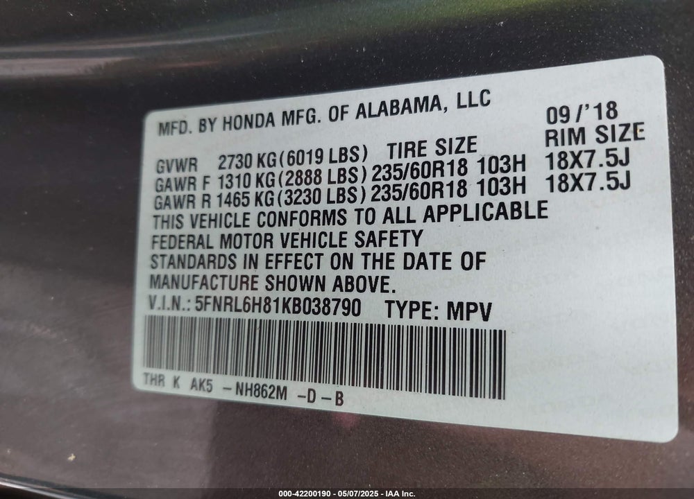 2019 HONDA ODYSSEY VIN: 5FNRL6H81KB038790