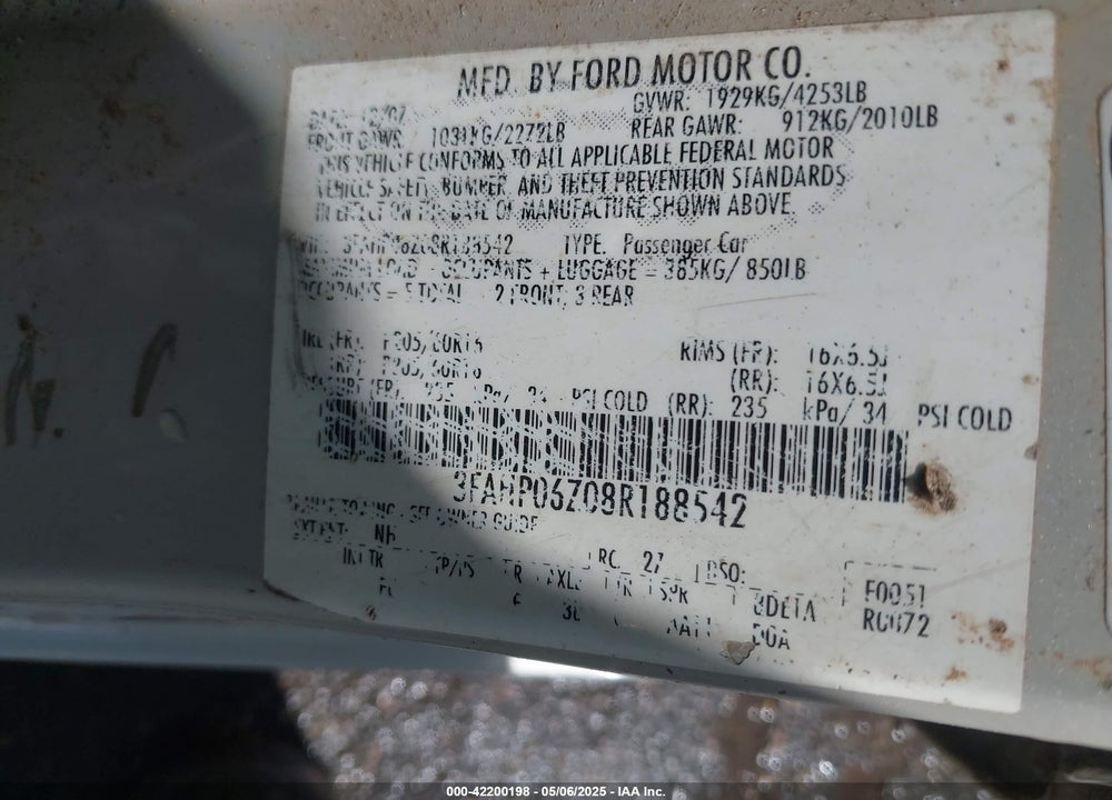 2008 FORD FUSION VIN: 3FAHP06Z08R188542