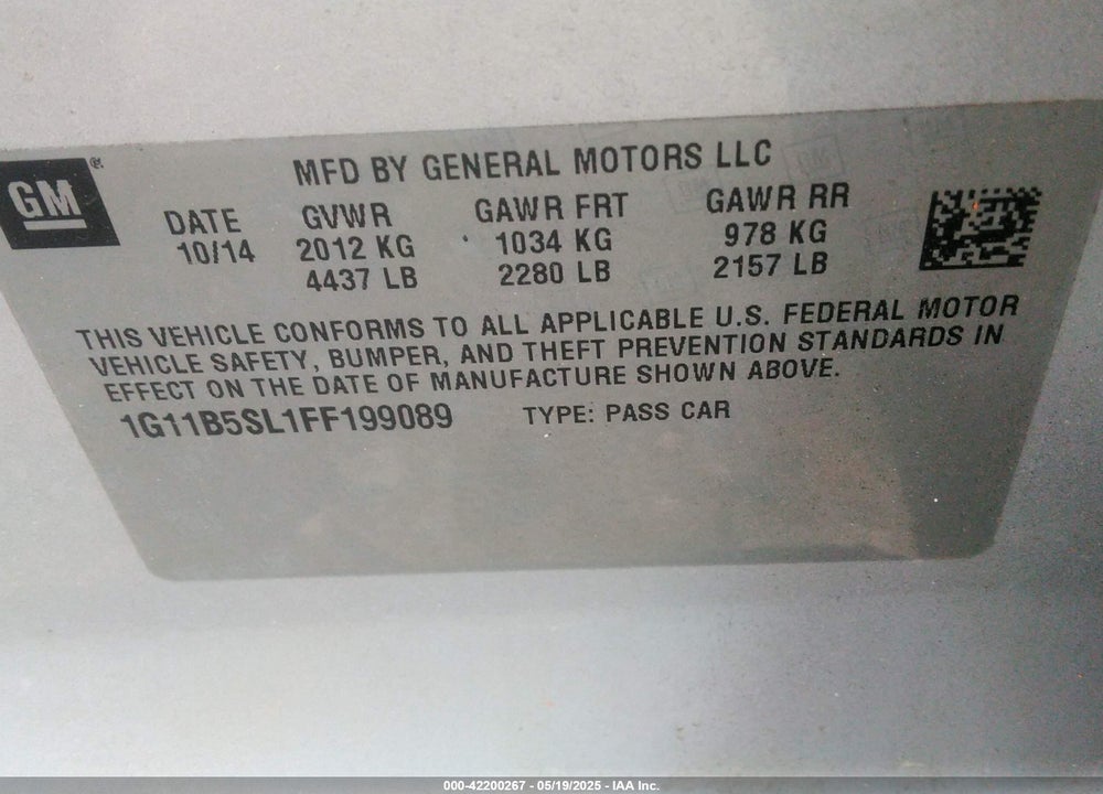 2015 CHEVROLET MALIBU VIN: 1G11B5SL1FF199089